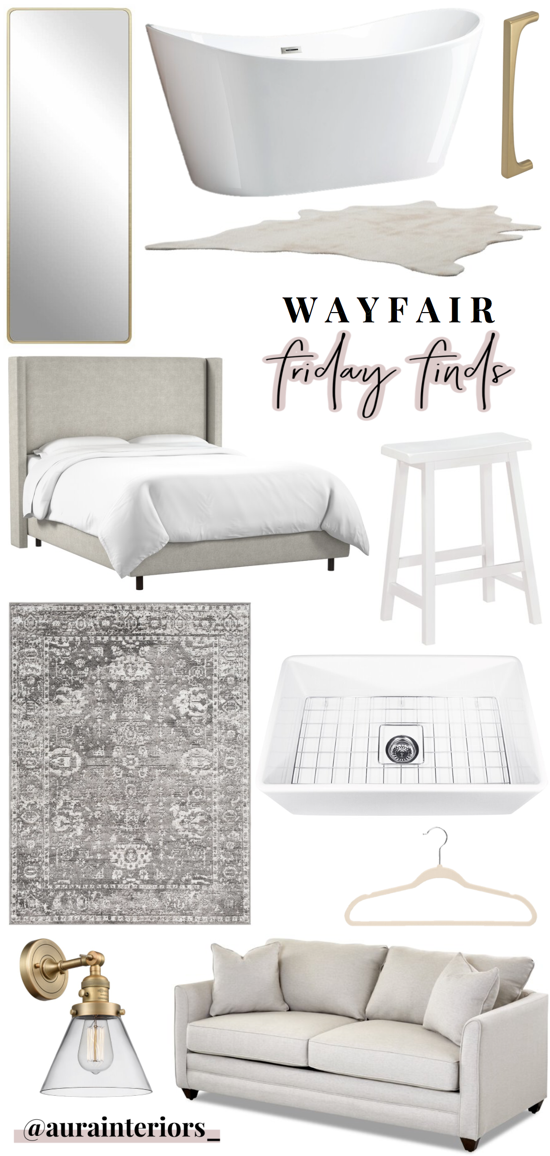 neutral wayfair home decor, wingback bed, tall upholstered bed, cheap farmers sink, pretty sleeper sofa, neutral bedroom decor, neutral living room decor, retro brass hardware