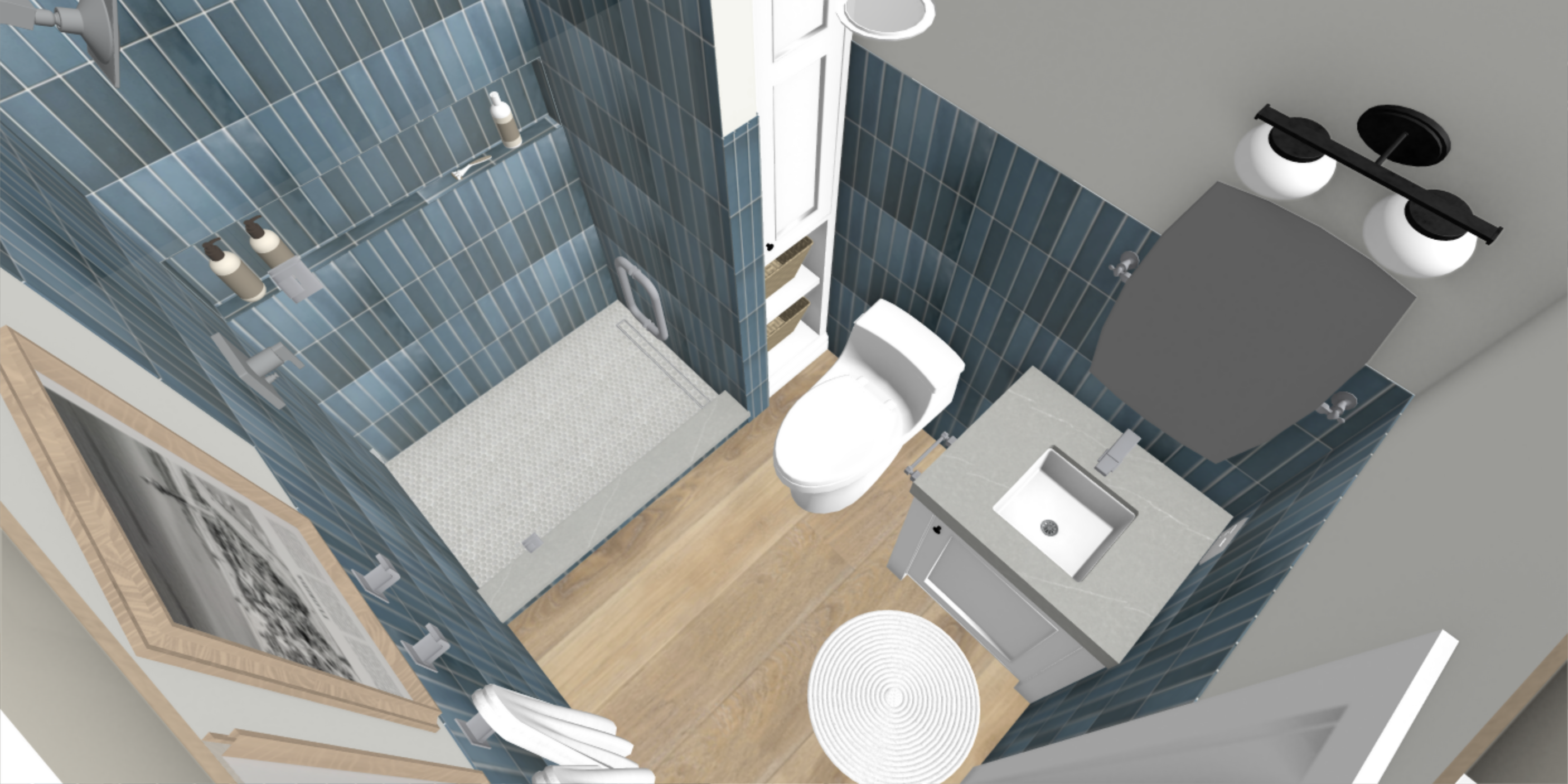 blue tile wainscot, compact bathroom design, small bathroom design, linen cabinet next to shower